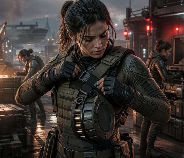 Soldier in Tactical Gear at Industrial Port
