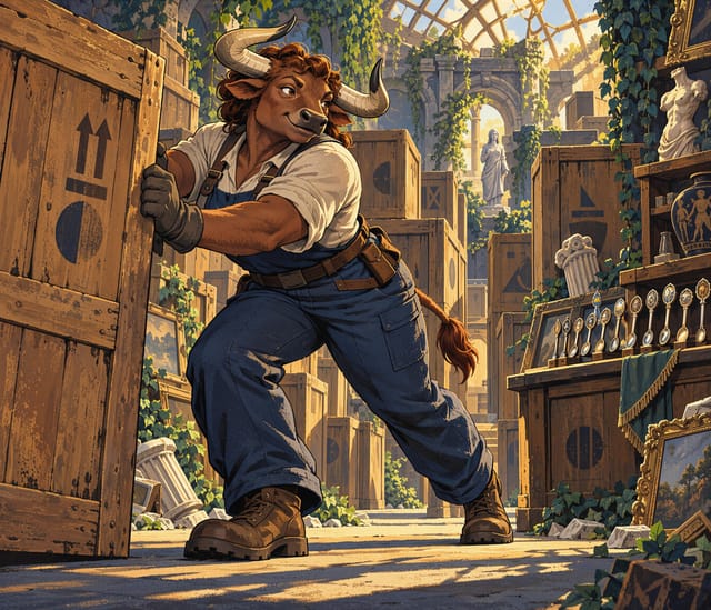 Minotaur Worker Moving Wooden Crates
