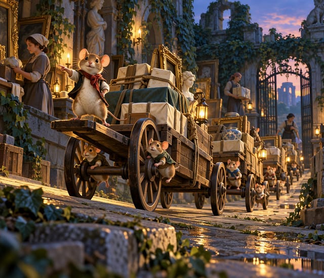 Mice Delivering Packages in Cobblestone Street