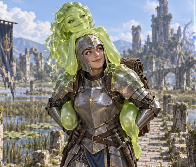 Slime girl in silver armor by stone path