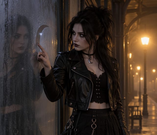 Goth girl in eerie misty street