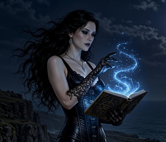 Goth with magical glowing book by the sea