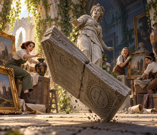Stone Statue and Sculptors in Sunlit Garden