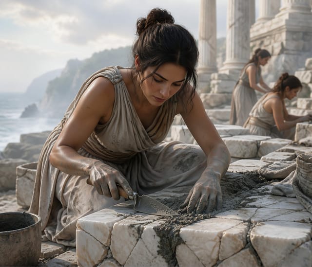 Woman Working on Ancient Marble Temple