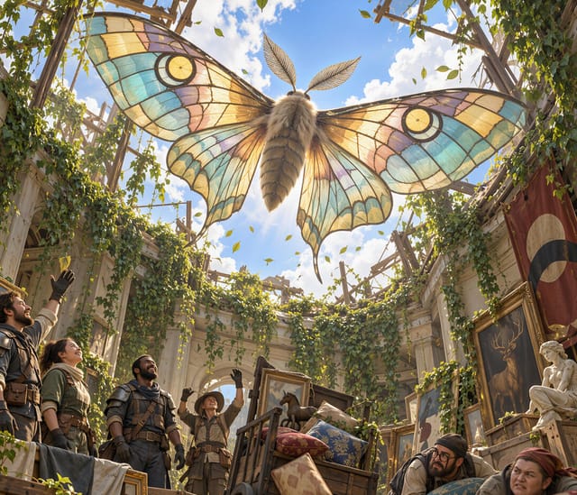 Giant Moth Hovering Over Ruined Library