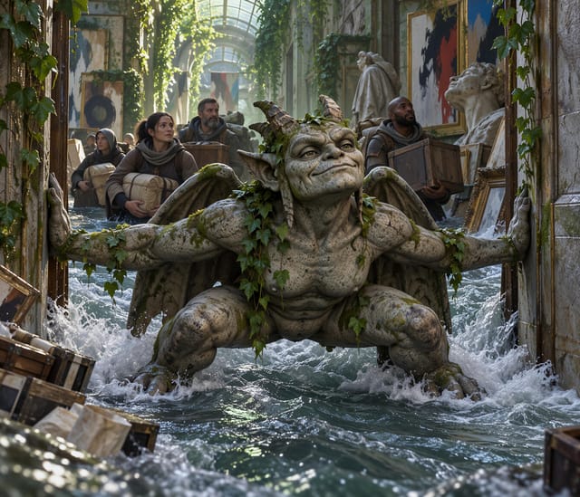 Stone Gargoyle Statue in Sunlit Canal