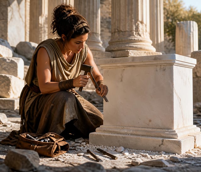 Woman Sculpting White Marble Pedestal
