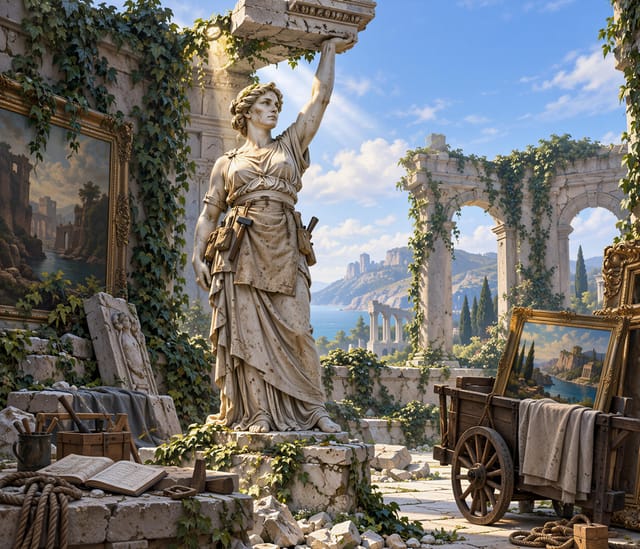 Marble Statue in Ancient Sunlit Ruins