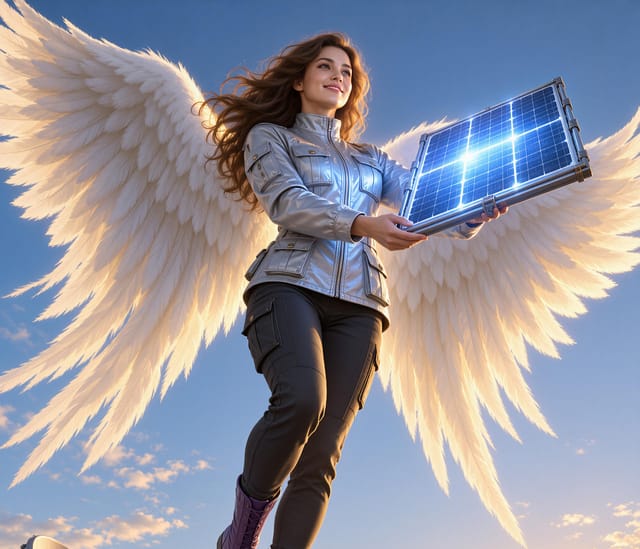 Angel holding a satellite panel in the sky
