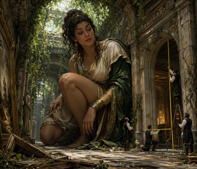 Woman in Green Silk Robe in Ancient Hallway