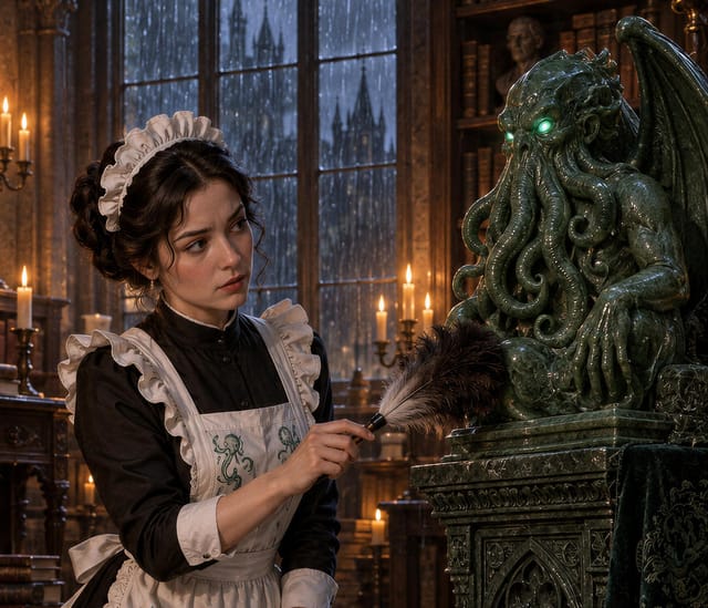 Maid with cthulhu statue in library