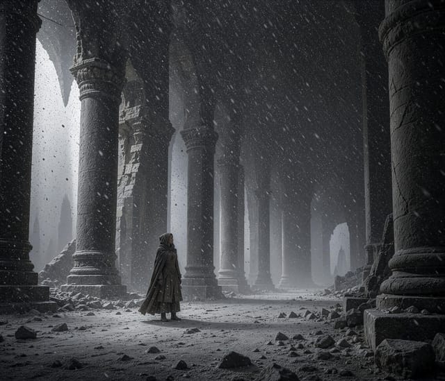 Solitary Figure in Ruined Stone Hallway