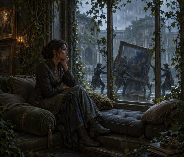Woman Watching Painters in Rain