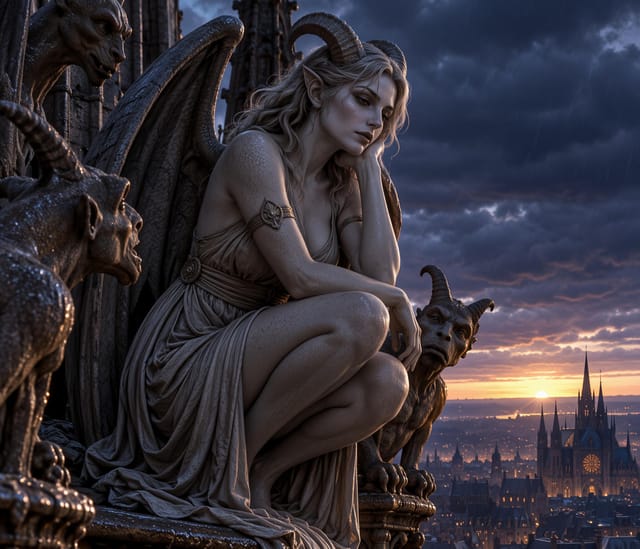 Spellbound Demoness Perched on Gothic Spire