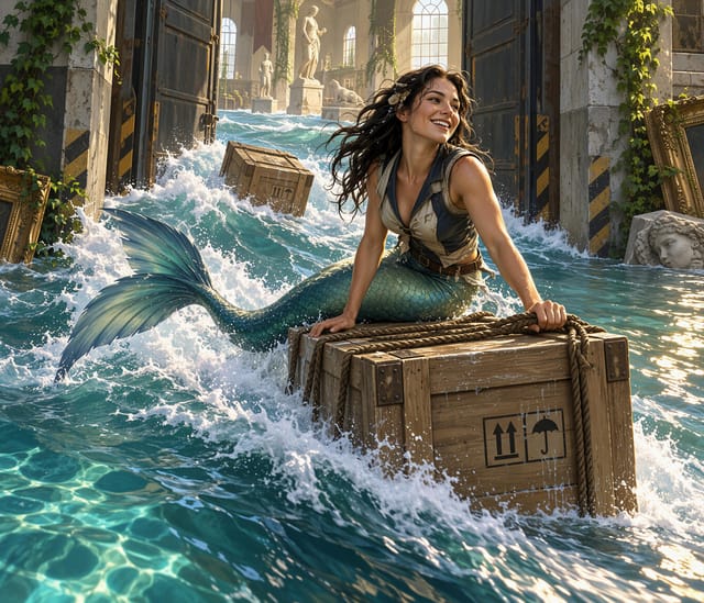 Mermaid with Wooden Crate in Sunlit Ruins