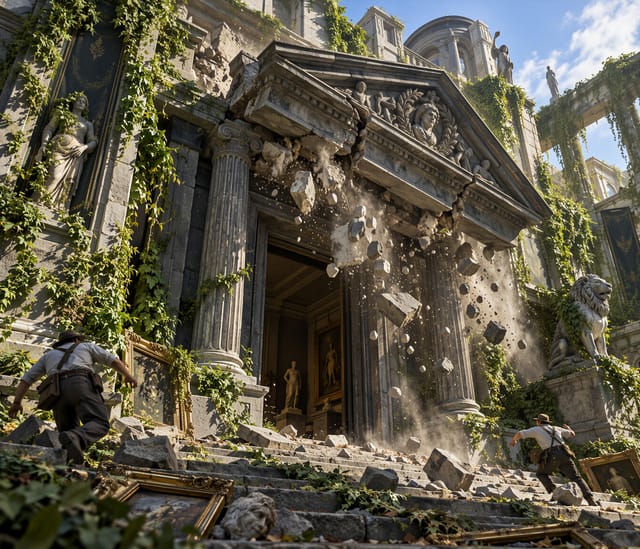 Ancient Stone Temple Crumbling in Sunlight