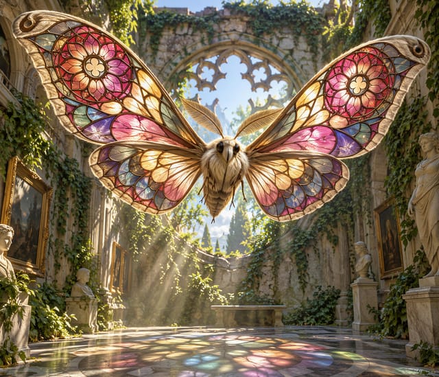 Stained Glass Butterfly in Sunlit Ruins