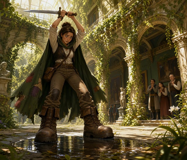 Warrior in Green Cloak Holding Sword