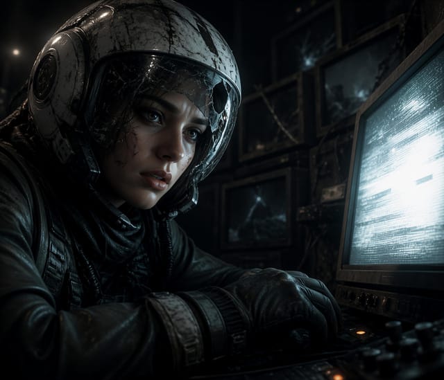 Astronaut Monitoring Glitchy Terminal Screen