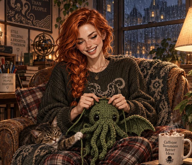 Rowan Fletcher with cthulhu plush in cozy room