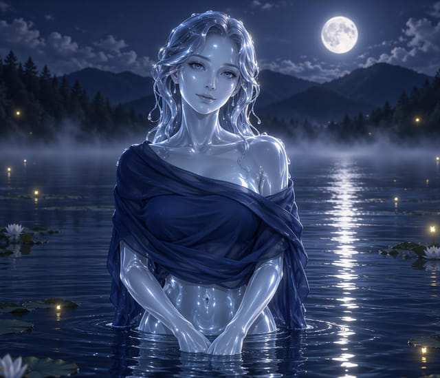 Slime girl in blue robes under full moon