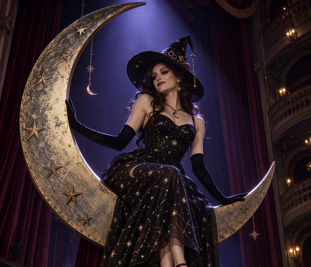 Spellbound Witch on Golden Crescent Moon