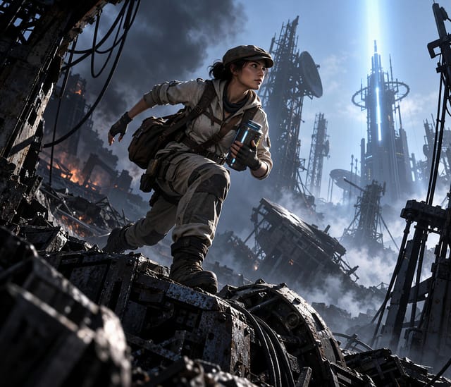 Adventurer in Ruined SciFi Cityscape