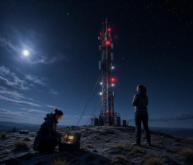 Astronomers Observing Night Sky Near Tower