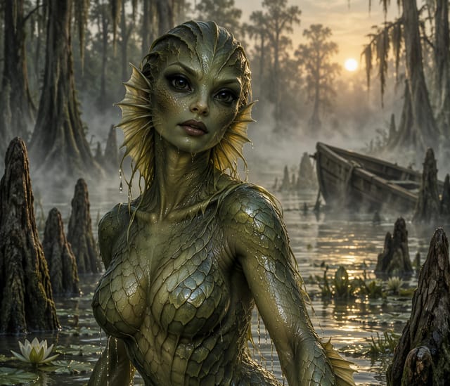 Eerie scales in a misty swamp