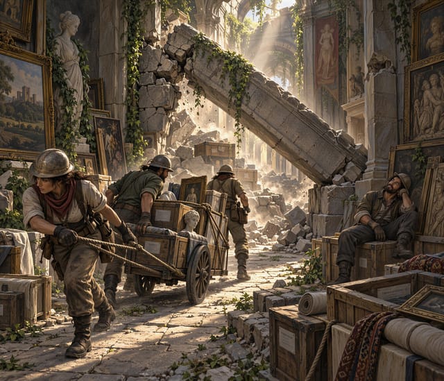 Soldiers Amidst Ancient Ruins and Sunlight
