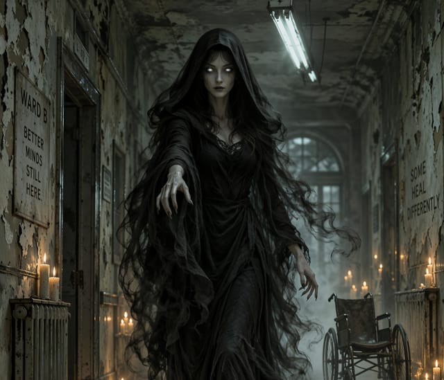 Eerie figure in black robes in dark hallway