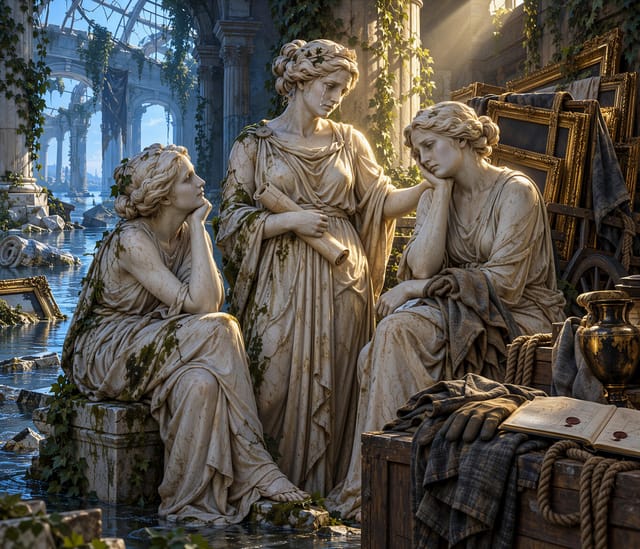 Classical Statues in Sunlit Ruins