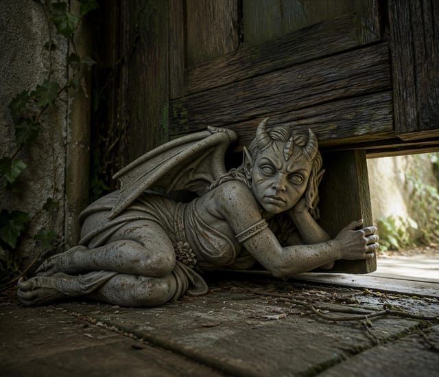 Stone Demon Gargoyle Lounging on Stone Ledge
