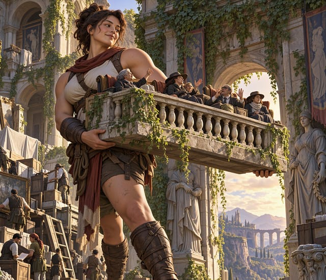 Muscular Woman Holding Balcony in Roman City