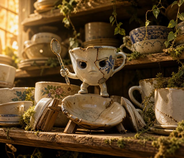 Anthropomorphic Teacup in Rustic Kitchen