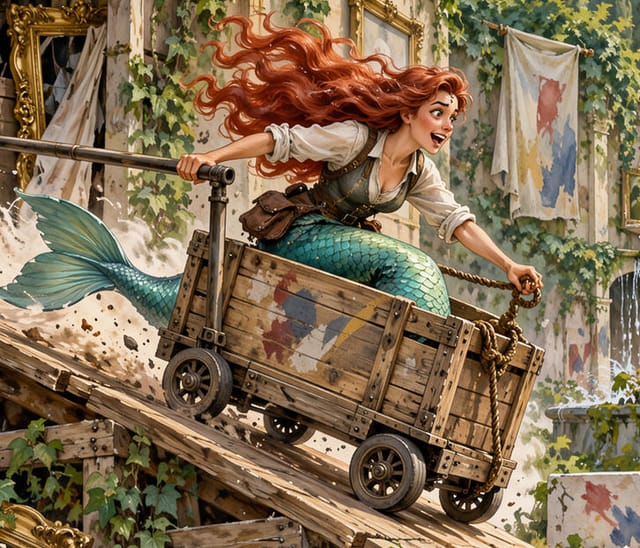 Mermaid in Brown Tunic Sliding Down Wooden Ramp