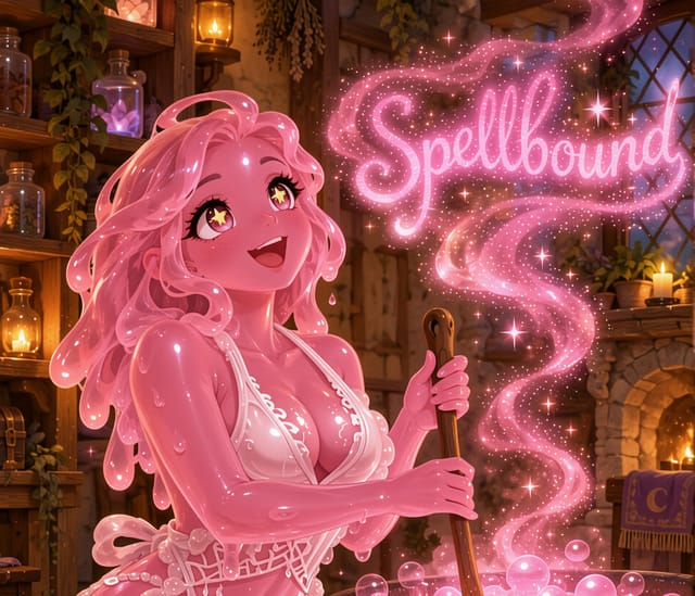 Slime girl spellbound by glowing cauldron
