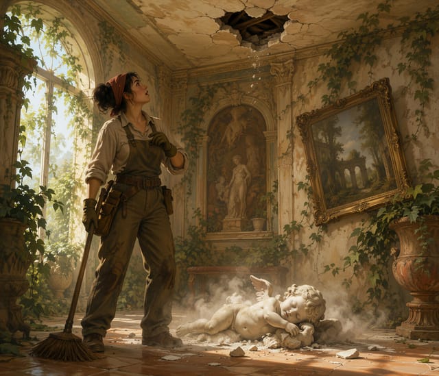 Woman Cleaning Dusty Classical Art Gallery