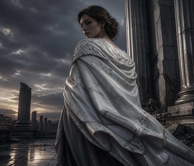 Woman in Marble Robe at Ancient Temple