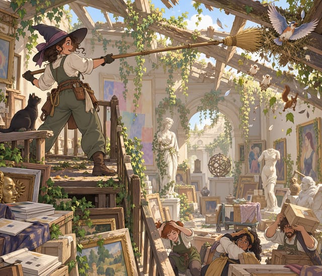 Witch Sweeping Sunlit Studio