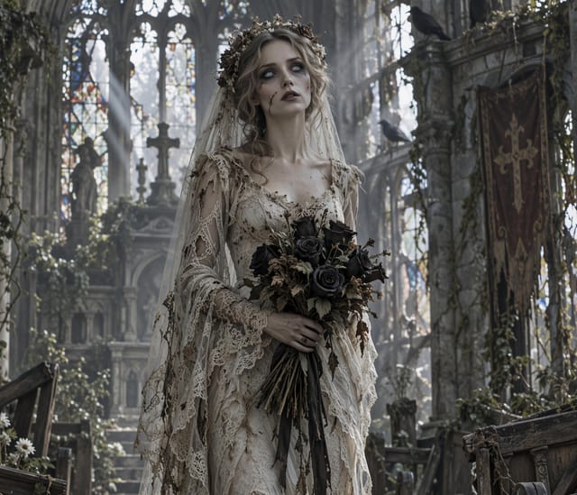 Eerie bride in lace amidst gothic ruins