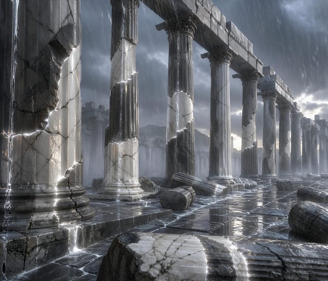 Ancient Marble Columns in Heavy Rain