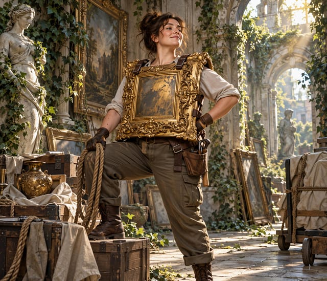 Woman Carrying Ornate Golden Frame in Garden