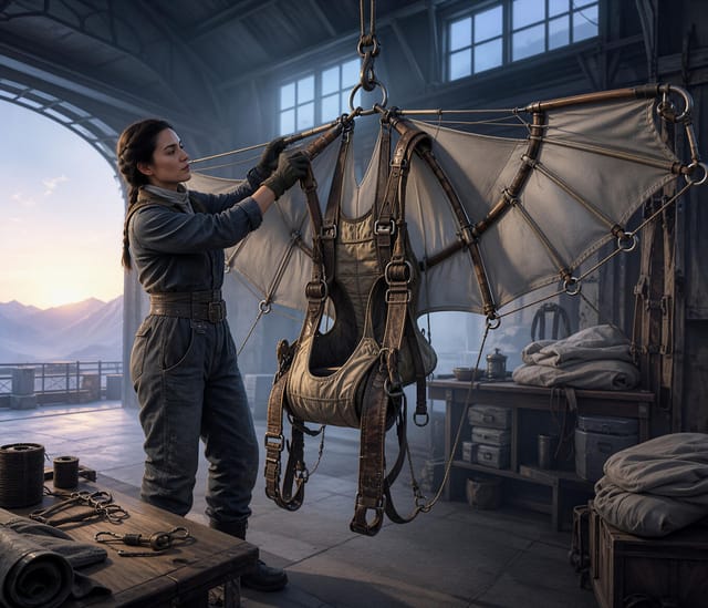 Aviator Preparing Glider Harness in Hangar