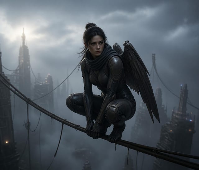 Winged Woman Perched on High Wire Cityscape