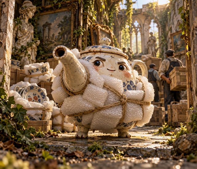Whimsical Teapot Creature in Garden Setting