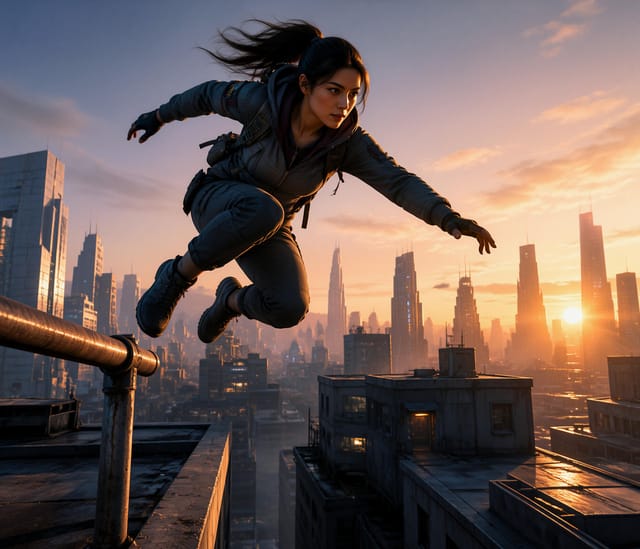 Woman Leaping Over Cityscape at Sunset