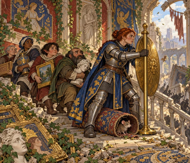 Knight in Blue Armor Guarding Golden Relic