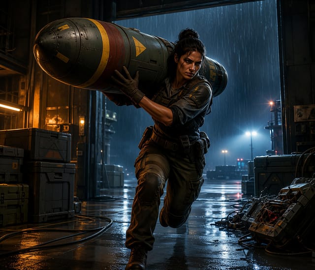 Soldier Carrying Large Bomb in Rainy Hangar