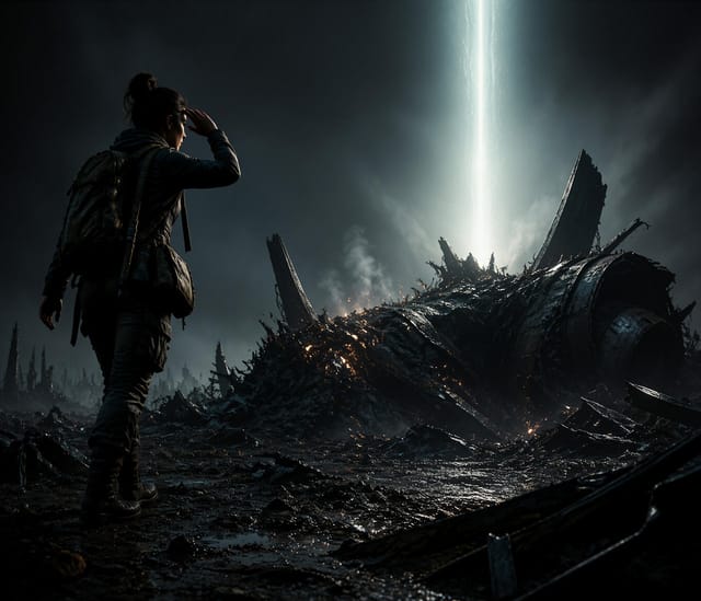 Survivor Watching Beam in Dark Wasteland